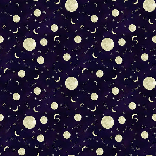 Midnight Rendezvous Full & Crescent Moons w/ Stars Dark Purple Raquel Maciel Blank Quilting Cotton Fabric