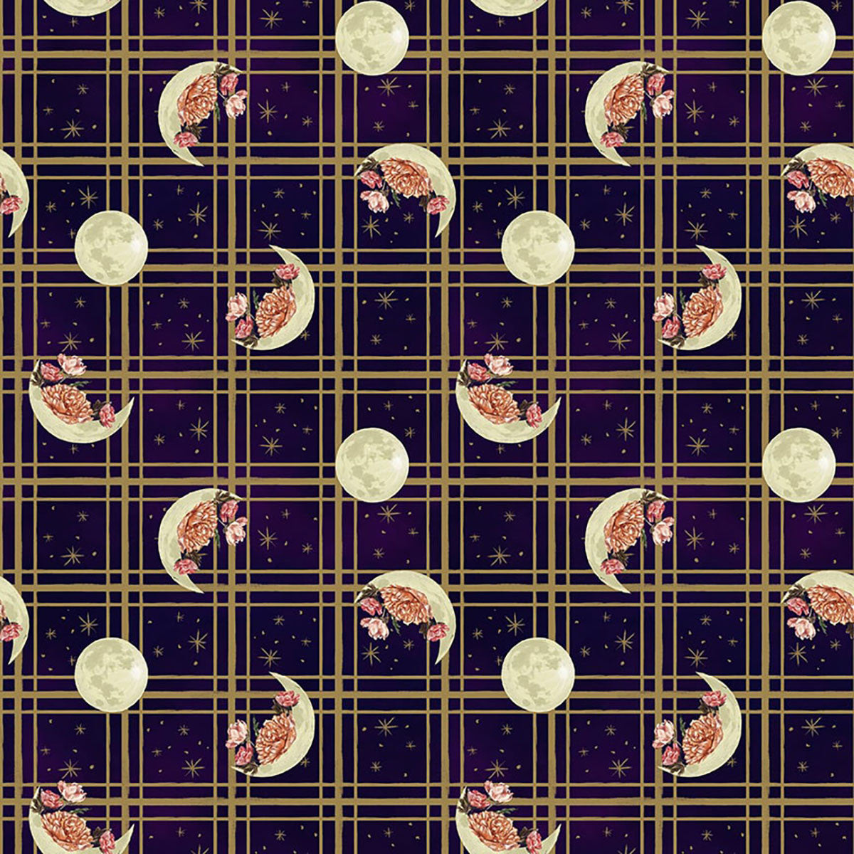 Midnight Rendezvous Moons Flowers Plaid Dark Purple Raquel Maciel Blank Quilting Cotton Fabric