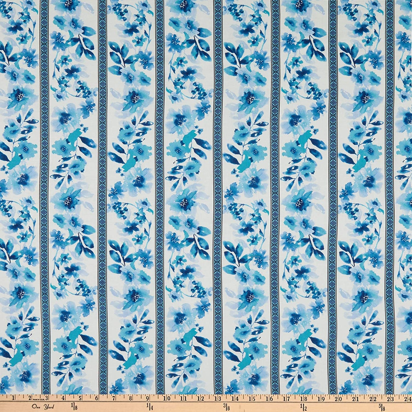 Midnight Sapphire Wallpaper Stripe Blue Flowers White Henry Glass Cotton Fabric