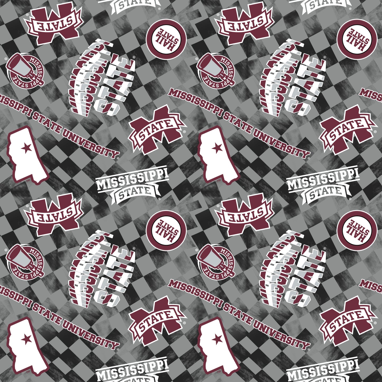 Mississippi State Bulldogs NCAA College Checks Gray Sykel Enterprises Canvas Duck Cloth Cotton Fabric MSST-1380-GRAY