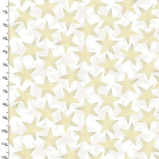 Mistletoe & Metallic Stars Layered Gold White Katie Yost 3 Wishes Cotton Fabric