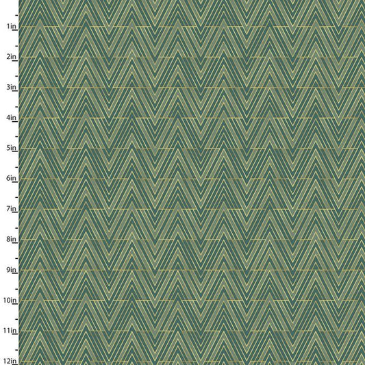 Mistletoe & Metallic Trees Chevron Green Katie Yost 3 Wishes Cotton Fabric