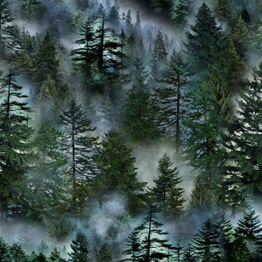 Misty Mountain Evergreen Trees Forest Green Timeless Treasures Cotton Fabric TT-NATURE-CD3528-FOREST