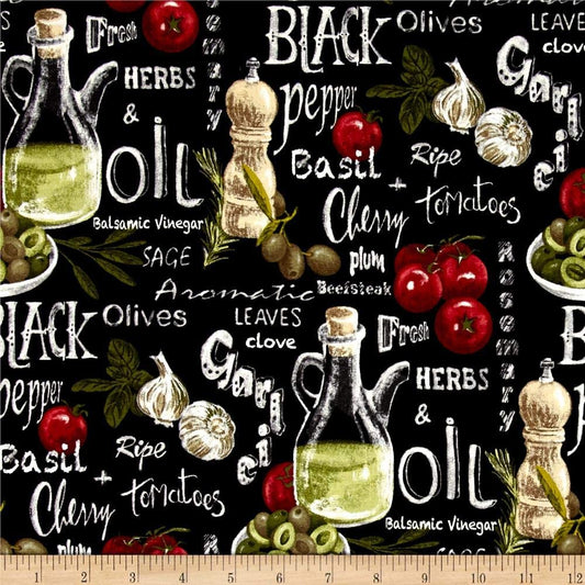 Mixed Vegetables Olive Oil Food Fabri-Quilt Farmer John black Paintbrush Studio Cotton Fabric PS-120-13161