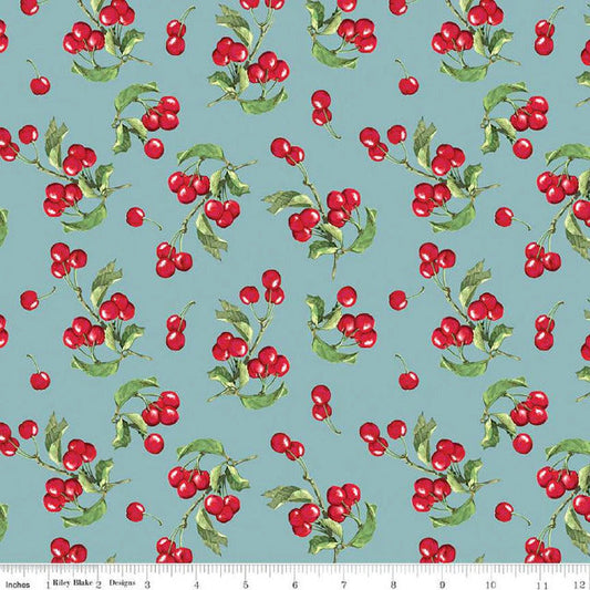 Mon Cheri Cherries Cherry Branches Mist Blue Lila Tueller Riley Blake Designs Cotton Fabric