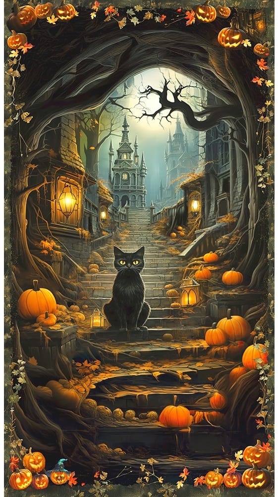 Moon Spell Cat Spooky Panel 24" Spooky Brown Claudia McKinney Robert Kaufman Cotton Fabric RK-APYD-23691-282 | US Fabric Shop