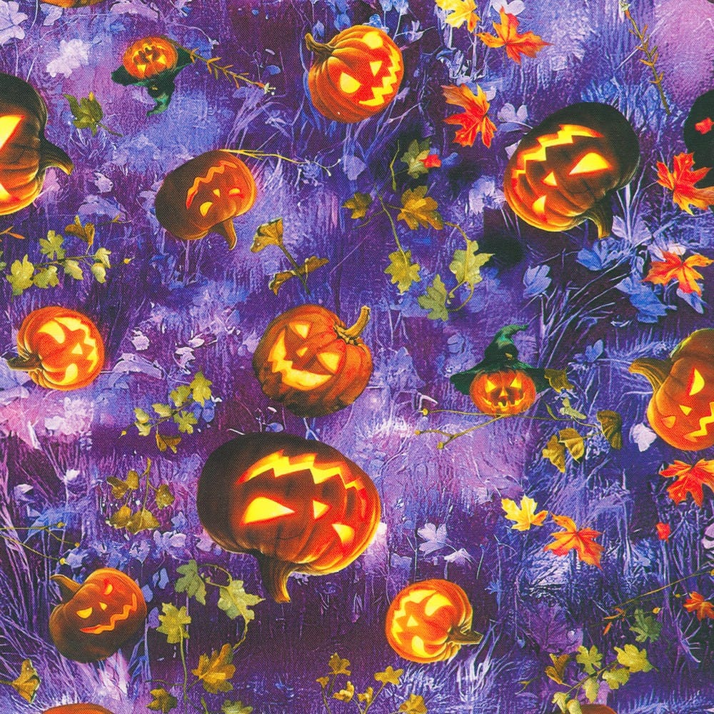 Moon Spell Jack O' Lanterns and Fall Leaves Wisteria Purple Claudia McKinney Robert Kaufman Cotton Fabric RK-APYD-23692-234 | US Fabric Shop