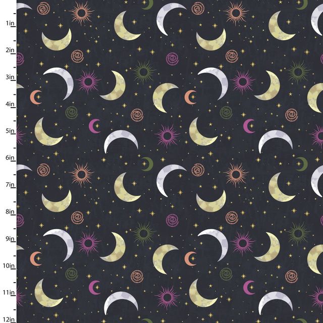 Moonlight Crescent Moon Metallic Black Jennifer Ellory 3 Wishes Cotton Fabric