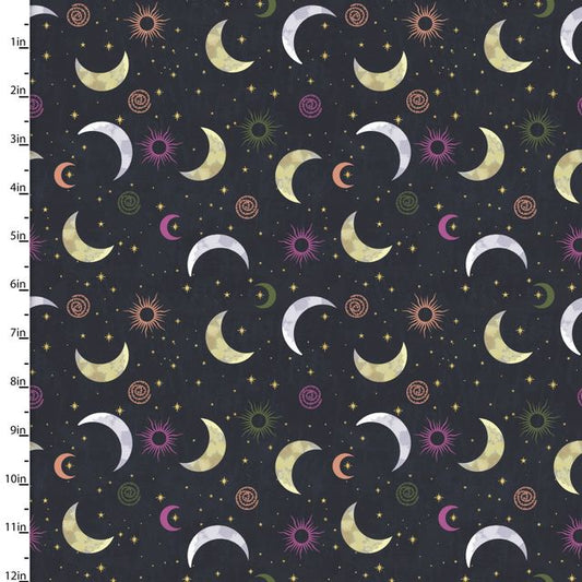 Moonlight Crescent Moon Metallic Black Jennifer Ellory 3 Wishes Cotton Fabric