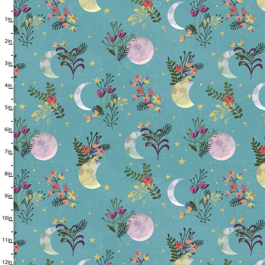 Moonlight Floral Moon Metallic Turquoise Jennifer Ellory 3 Wishes Cotton Fabric