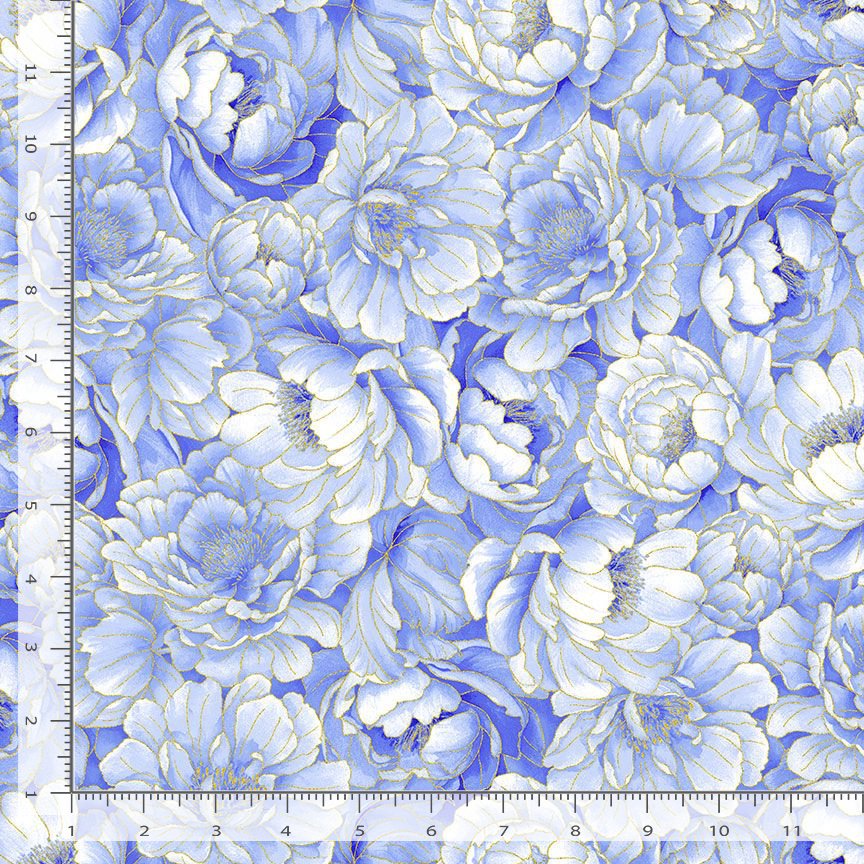 Moonlight Floral Packed Blue Metallic Chong-A-Hwang Timeless Treasures Cotton Fabric TT-LOTUS-CM3983-BLUE