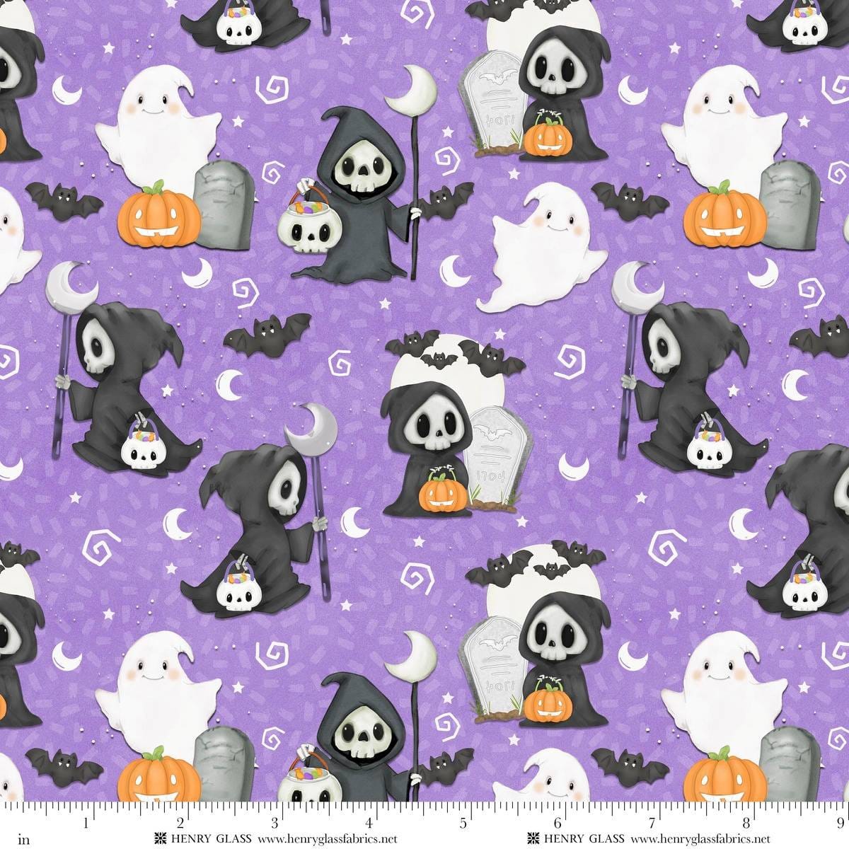 Moonlight Mischief Glow Grimm Reaper and Ghost Light Purple Shelly Comiskey Henry Glass Cotton Fabric HG-2561G-55 | US Fabric Shop
