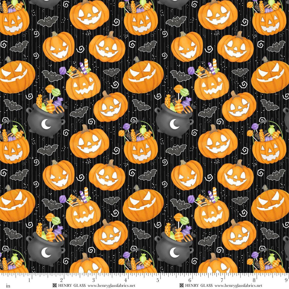 Moonlight Mischief Glow Small Pumpkin Glow Black Shelly Comiskey Henry Glass Cotton Fabric HG-2555G-99