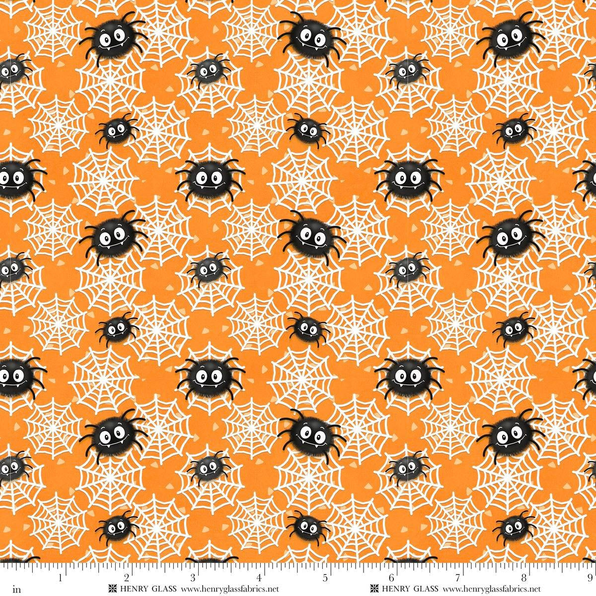 Moonlight Mischief Glow Spiders and Webs Glow Orange Shelly Comiskey Henry Glass Cotton Fabric HG-2557G-33