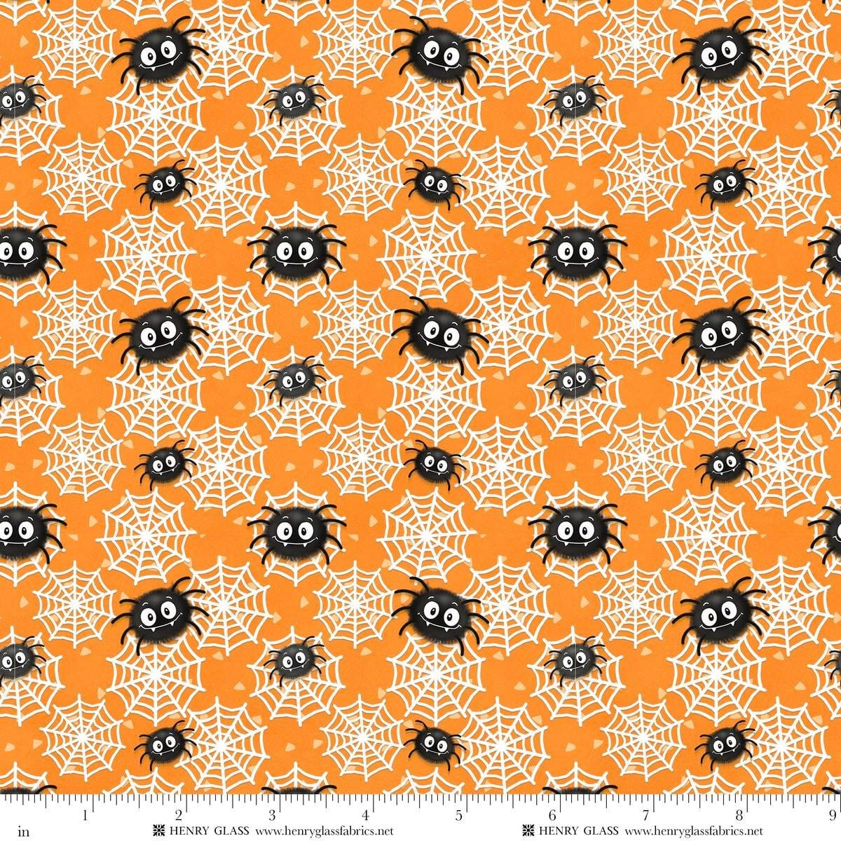 Moonlight Mischief Glow Spiders and Webs Glow Orange Shelly Comiskey Henry Glass Cotton Fabric HG-2557G-33 | US Fabric Shop