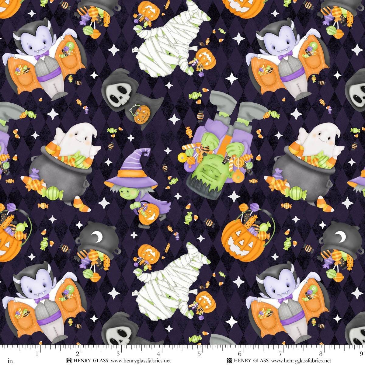 Moonlight Mischief Glow Tossed Motifs Glow Dark Purple Shelly Comiskey Henry Glass Cotton Fabric HG-2552G-55 | US Fabric Shop