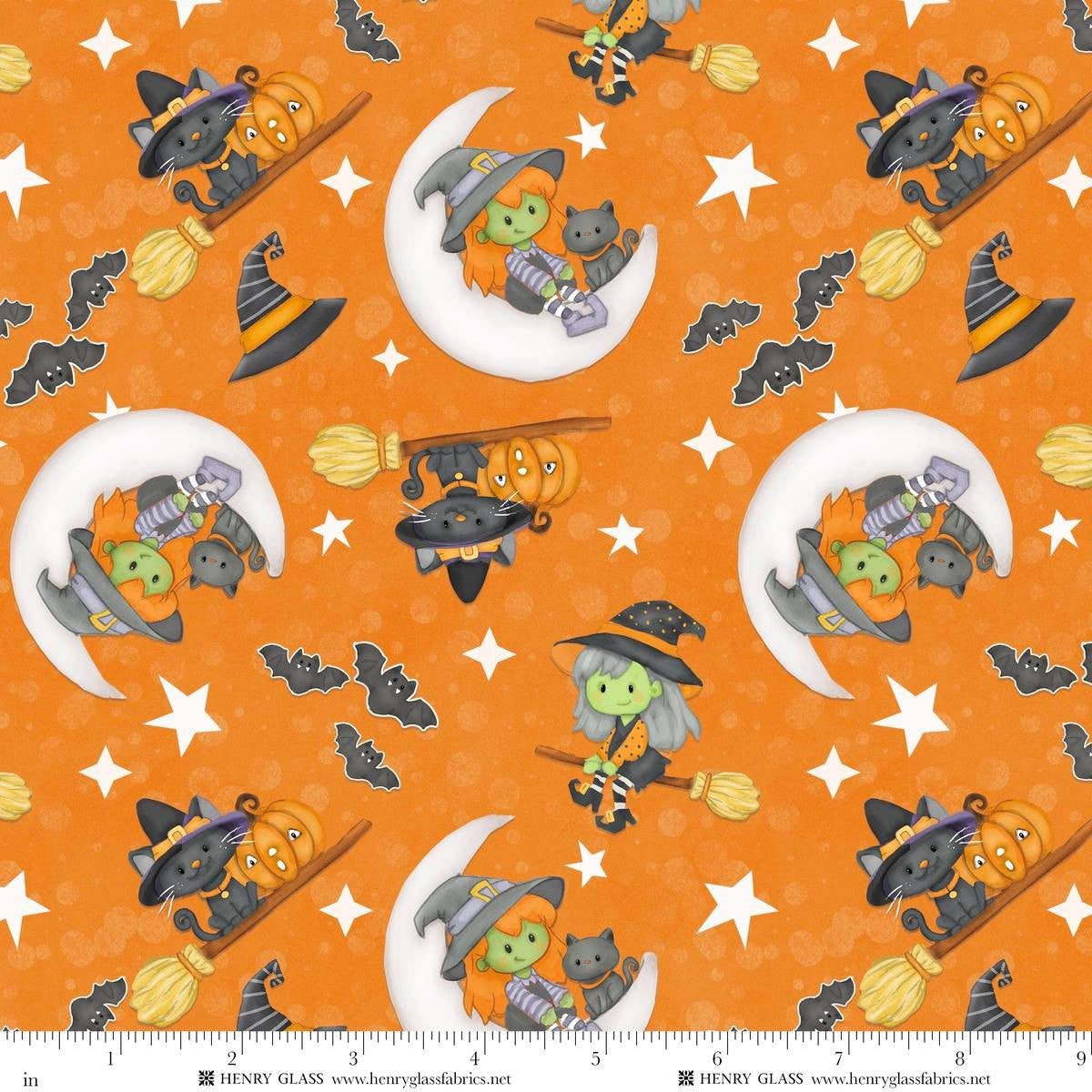 Moonlight Mischief Glow Witch & Cat on Moon Glow Orange Shelly Comiskey Henry Glass Cotton Fabric HG-2560G-33