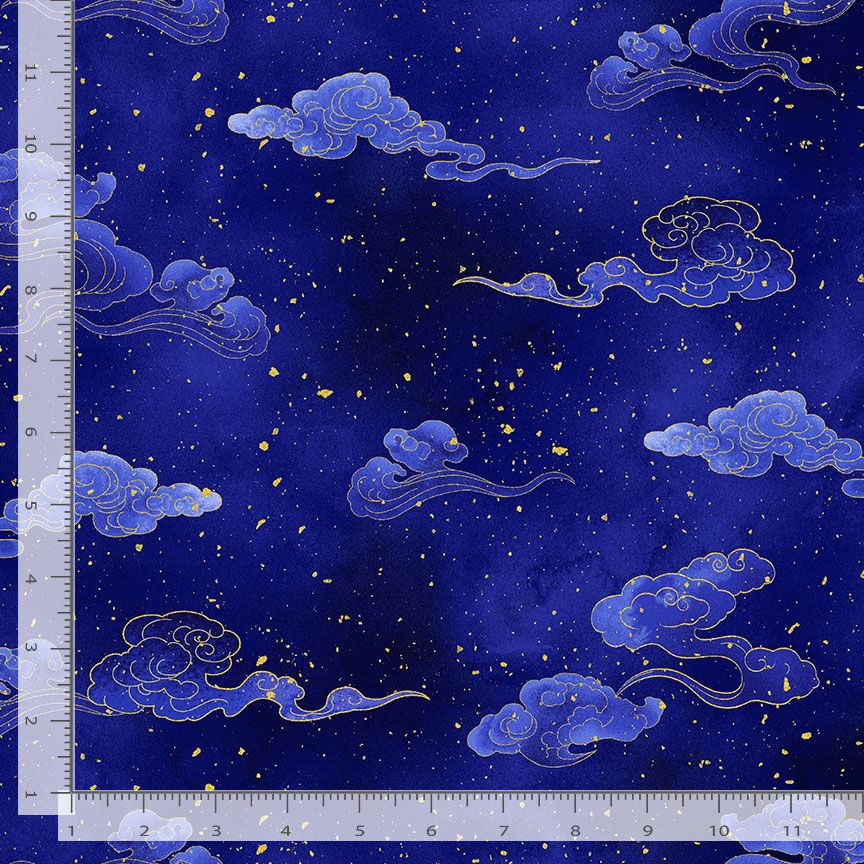 Moonlight Wave Cloud Sapphire Metallic Chong-A-Hwang Timeless Treasures Cotton Fabric TT-LOTUS-CM3993-SAPPHIRE