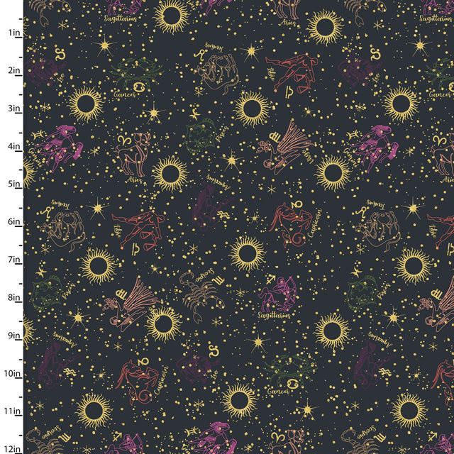 Moonlight Zodiac Metallic Black Jennifer Ellory 3 Wishes Cotton Fabric