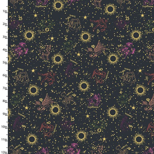 Moonlight Zodiac Metallic Black Jennifer Ellory 3 Wishes Cotton Fabric