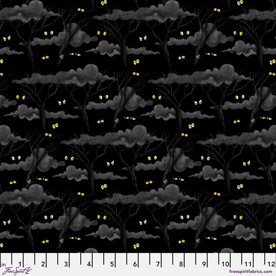 Moonlit Mischief Eerie Night Forest Cat Eyes Black Mary Engelbreit Free Spirit Cotton Fabric FS-PWMY049.BLACK | US Fabric Shop