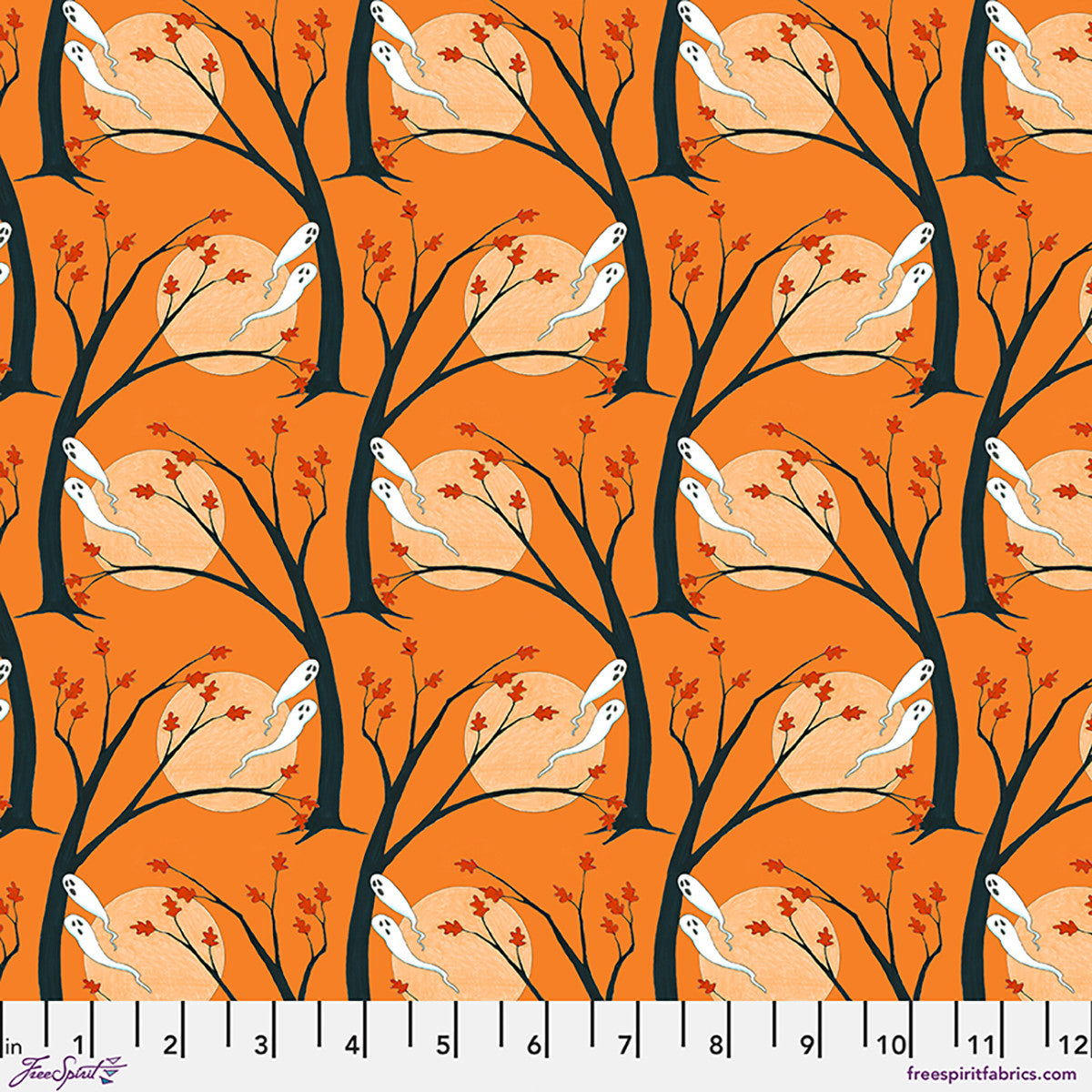 Moonlit Mischief Haunted Hallows Trees Ghosts Orange Mary Engelbreit Free Spirit Cotton Fabric FS-PWMY055.MULTI