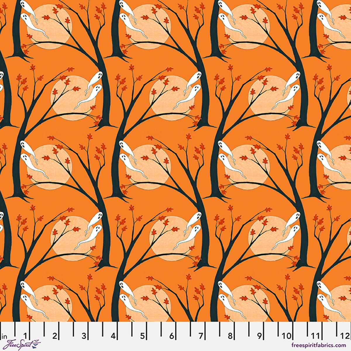 Moonlit Mischief Haunted Hallows Trees Ghosts Orange Mary Engelbreit Free Spirit Cotton Fabric FS-PWMY046.ORANGE | US Fabric Shop