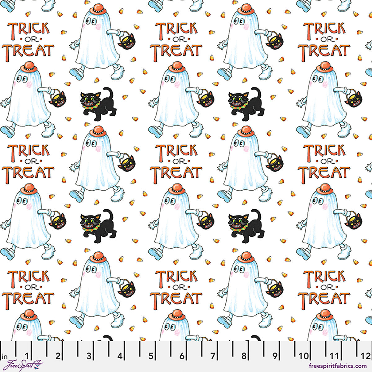 Moonlit Mischief Trick-or-Treat Ghosts Black Cats White Mary Engelbreit Free Spirit Cotton Fabric FS-PWMY054.WHITE