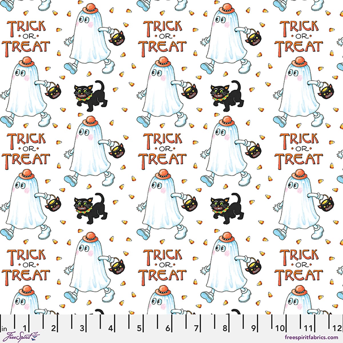 Moonlit Mischief Trick-or-Treat Ghosts Black Cats White Mary Engelbreit Free Spirit Cotton Fabric FS-PWMY054.WHITE | US Fabric Shop