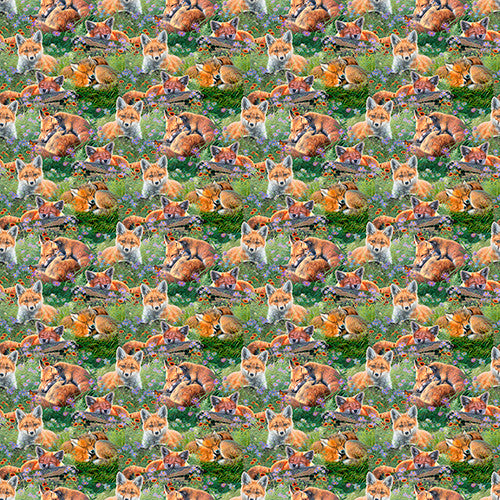 Mountain Sunrise Sleepy Foxes Green Abraham Hunter 3 Wishes Cotton Fabric