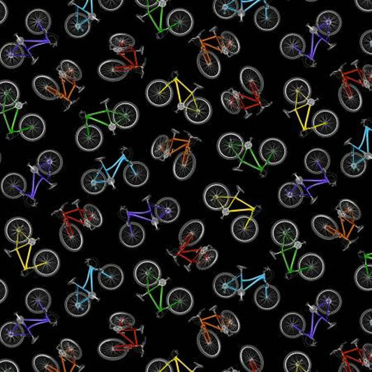 Move Your Body Tossed Colorful Bicycles Black Timeless Treasures Cotton Fabric TT-C8772-Black