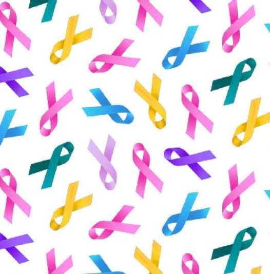 Multi colored Ribbons White Cancer Awareness Elizabeth's Studio Cotton Fabric ES 407 Multi