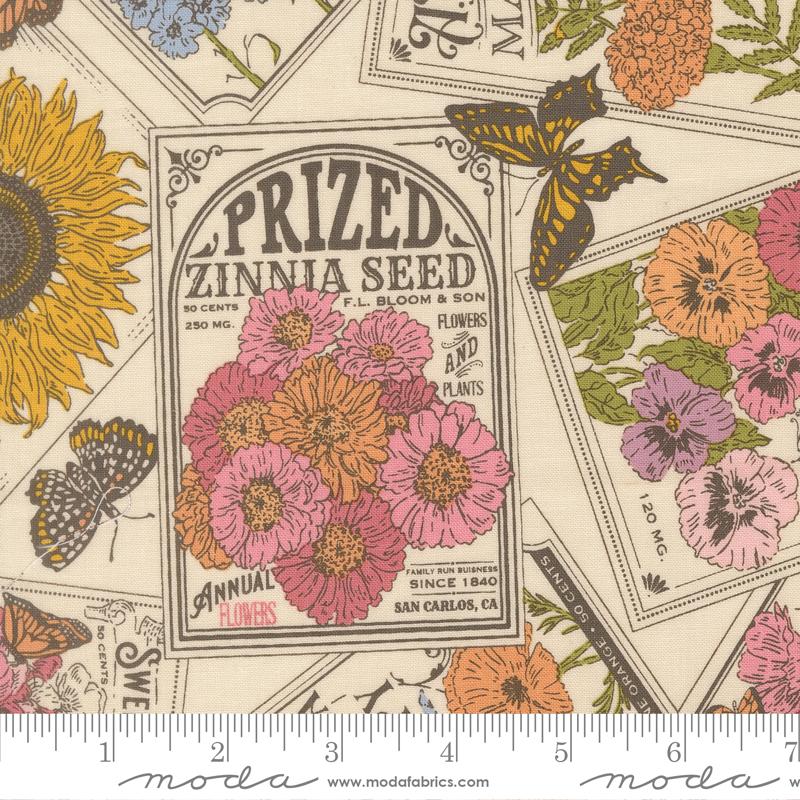 My Secret Garden Vintage Flower Seed Packets Cloud Cream Stacy lest Hsu Moda Cotton Fabric MD-20981-11