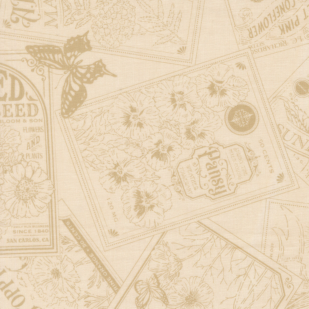 My Secret Garden Vintage Flower Seed Packets Cloud Natural Stacy lest Hsu Moda Cotton Fabric MD-20981-31