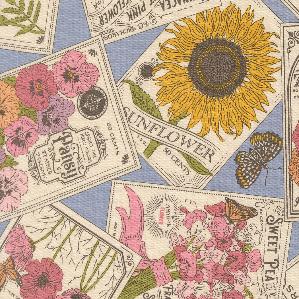 My Secret Garden Vintage Flower Seed Packets Dusk Blue Stacy lest Hsu Moda Cotton Fabric MD-20981-22
