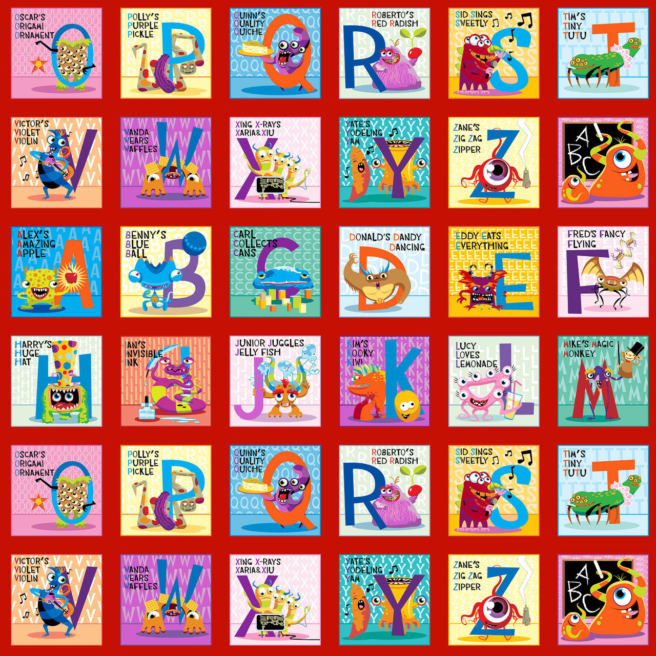 My Very Silly Monster ABCs ABC Blocks Panel 24" Red Multi Tim Read Henry Glass Fabrics Cotton Fabric HG-3539B-88