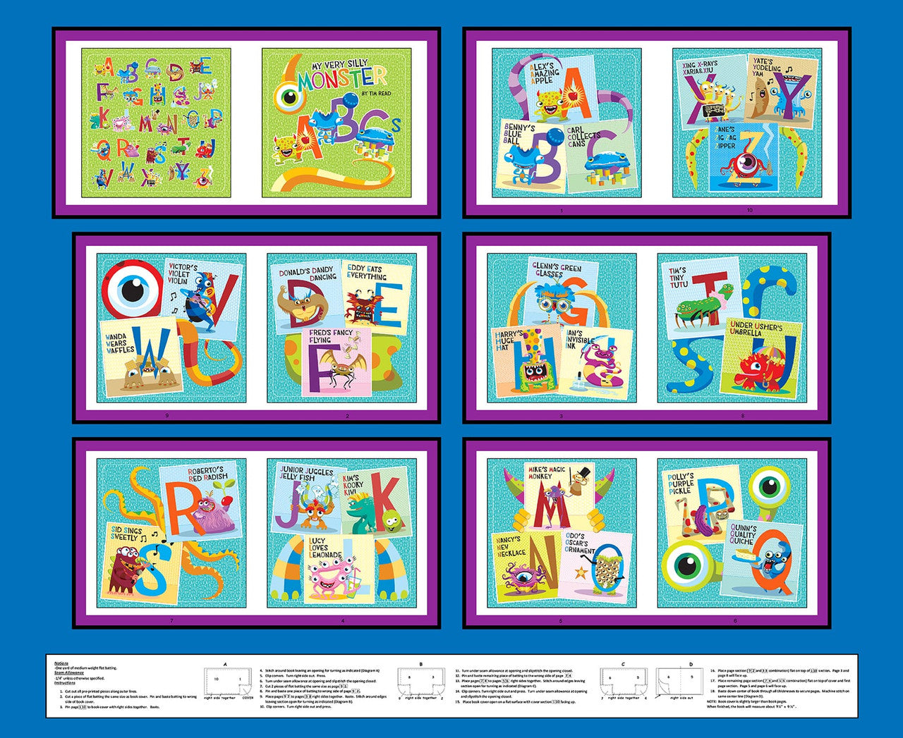 My Very Silly Monster ABCs ABC Book Panel 36" Blue Tim Read Henry Glass Fabrics Cotton Fabric HG-3542B-77
