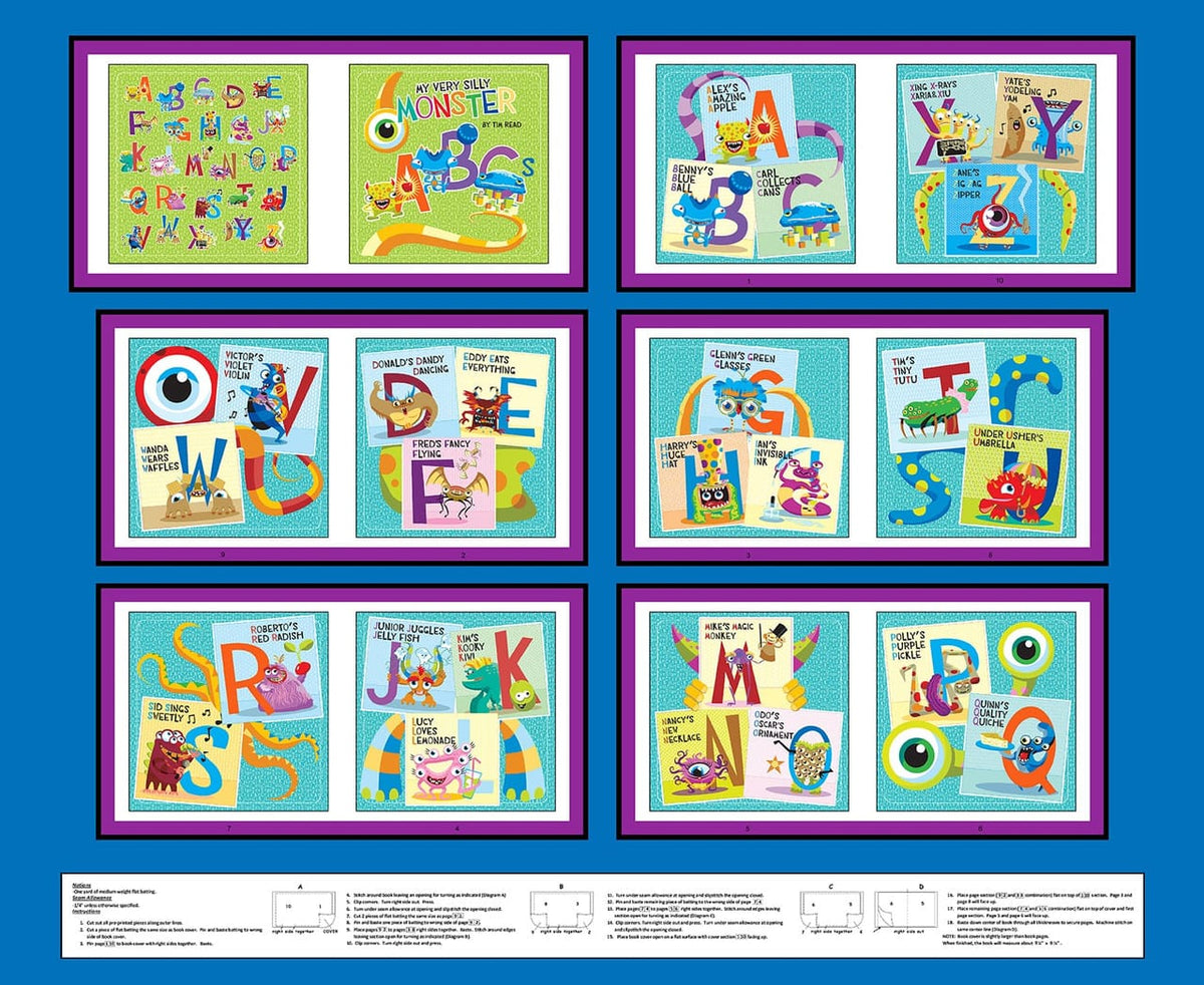 My Very Silly Monster ABCs ABC Book Panel 36" Blue Tim Read Henry Glass Fabrics Cotton Fabric HG-3542B-77 | US Fabric Shop