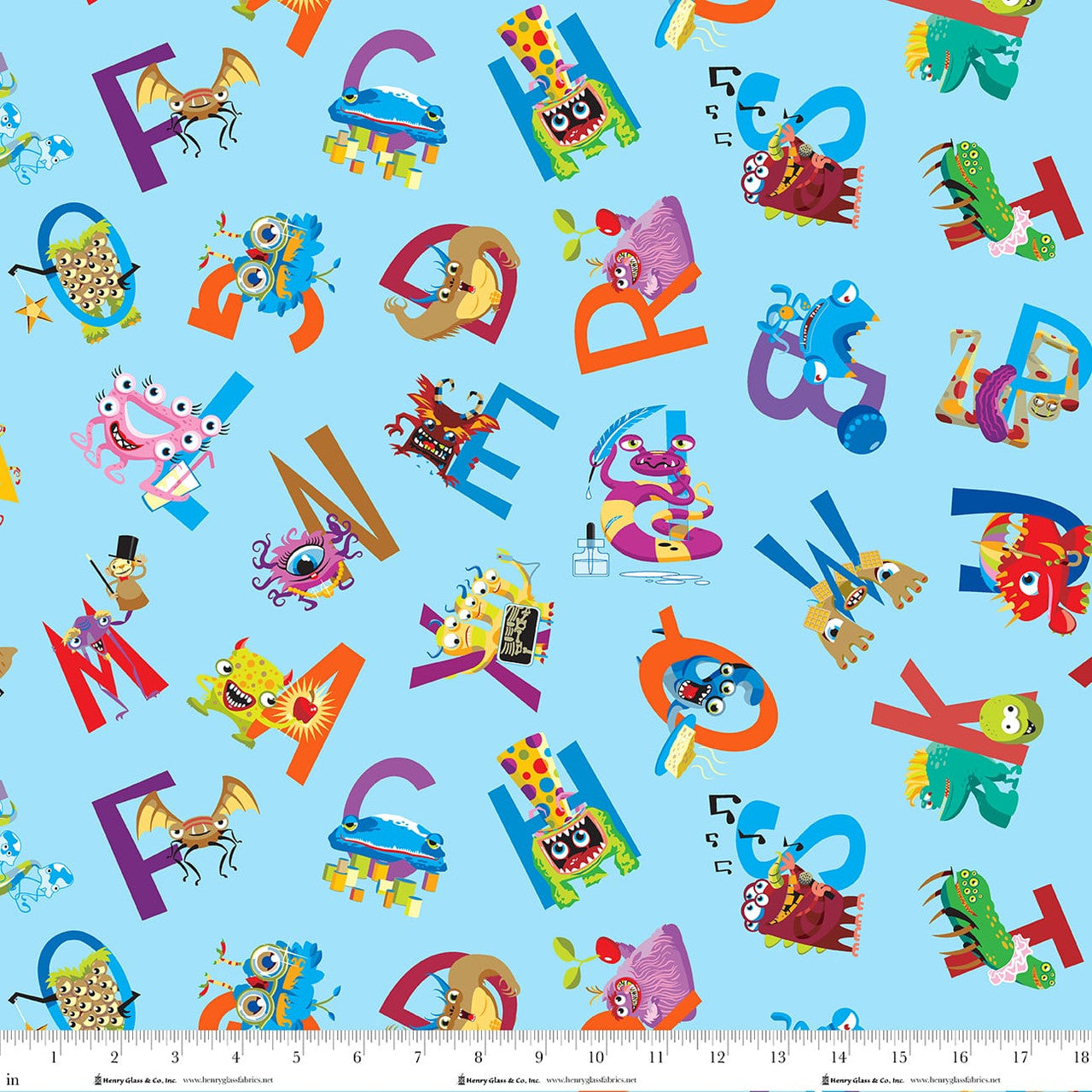 My Very Silly Monster ABCs ABC Monster Allover Light Blue Tim Read Henry Glass Fabrics Cotton Fabric HG-3537-17