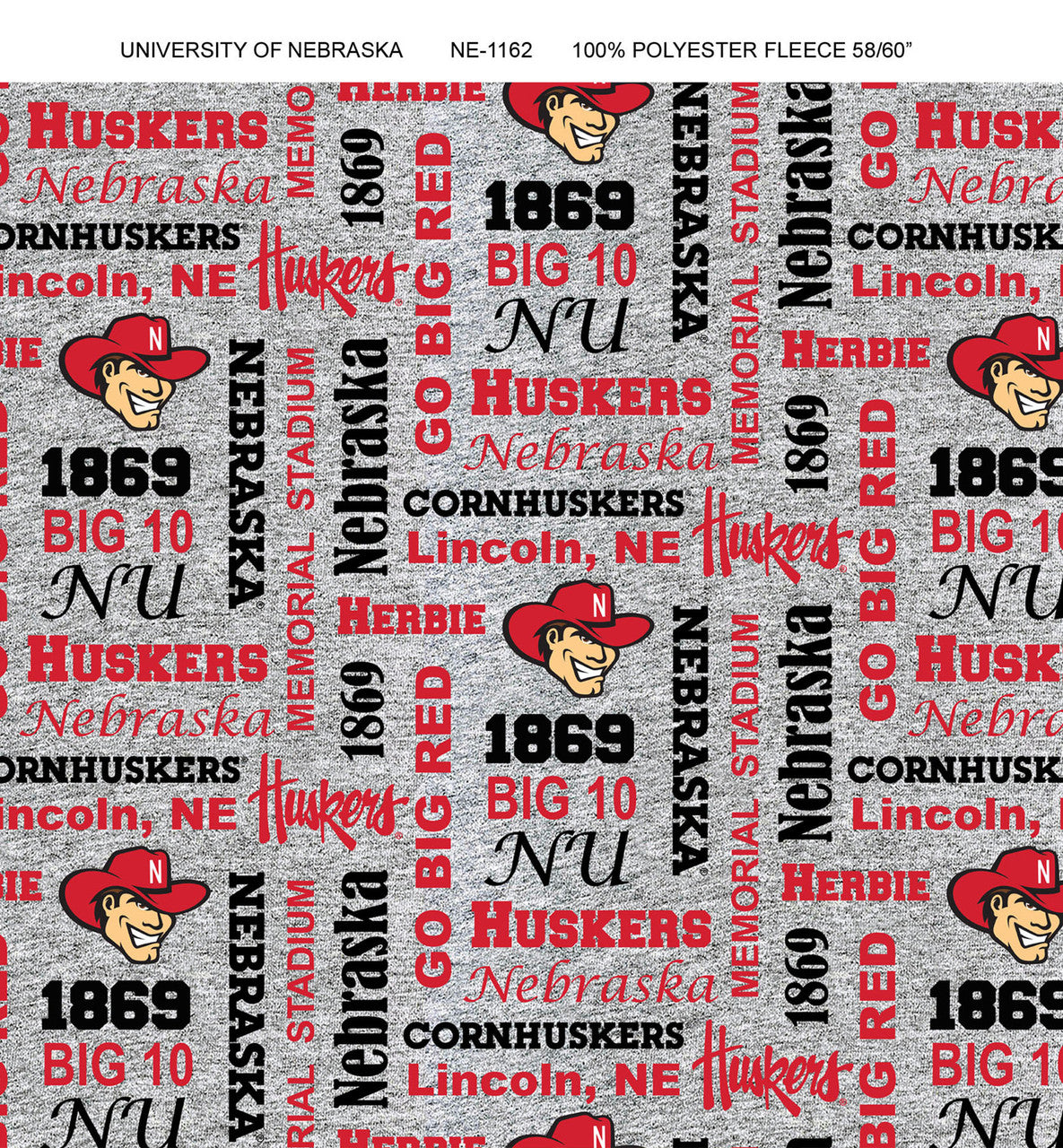 Nebraska Cornhuskers NCAA College Heather Verbiage Sykel Enterprises Polyester FLEECE Fabric NE-1162