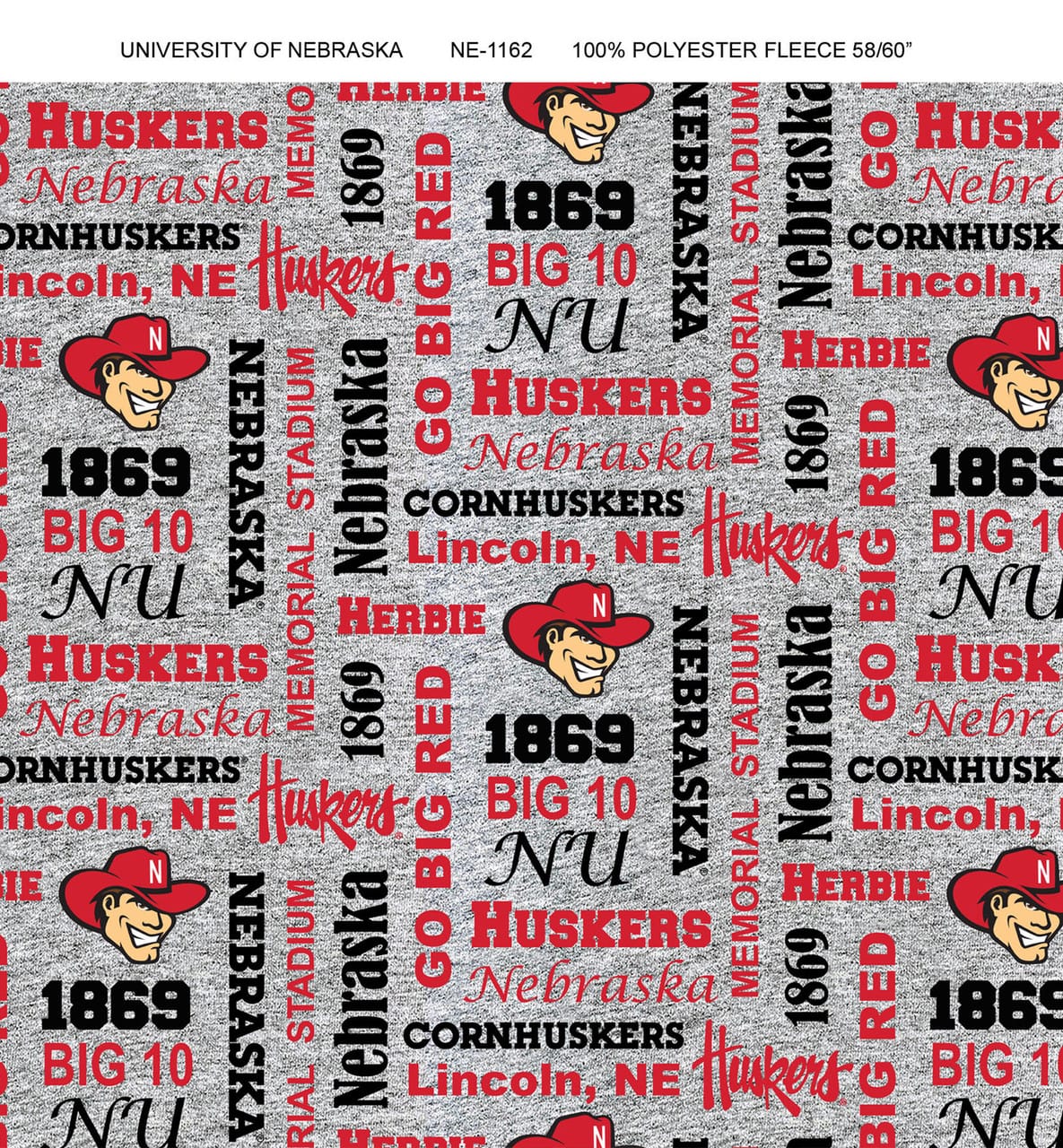 Nebraska Cornhuskers NCAA College Heather Verbiage Sykel Enterprises Polyester FLEECE Fabric NE-1162 | US Fabric Shop