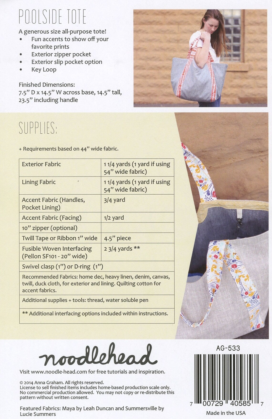 Poolside Tote Bag/Tote Pattern Anna Graham Noodlehead NOO533