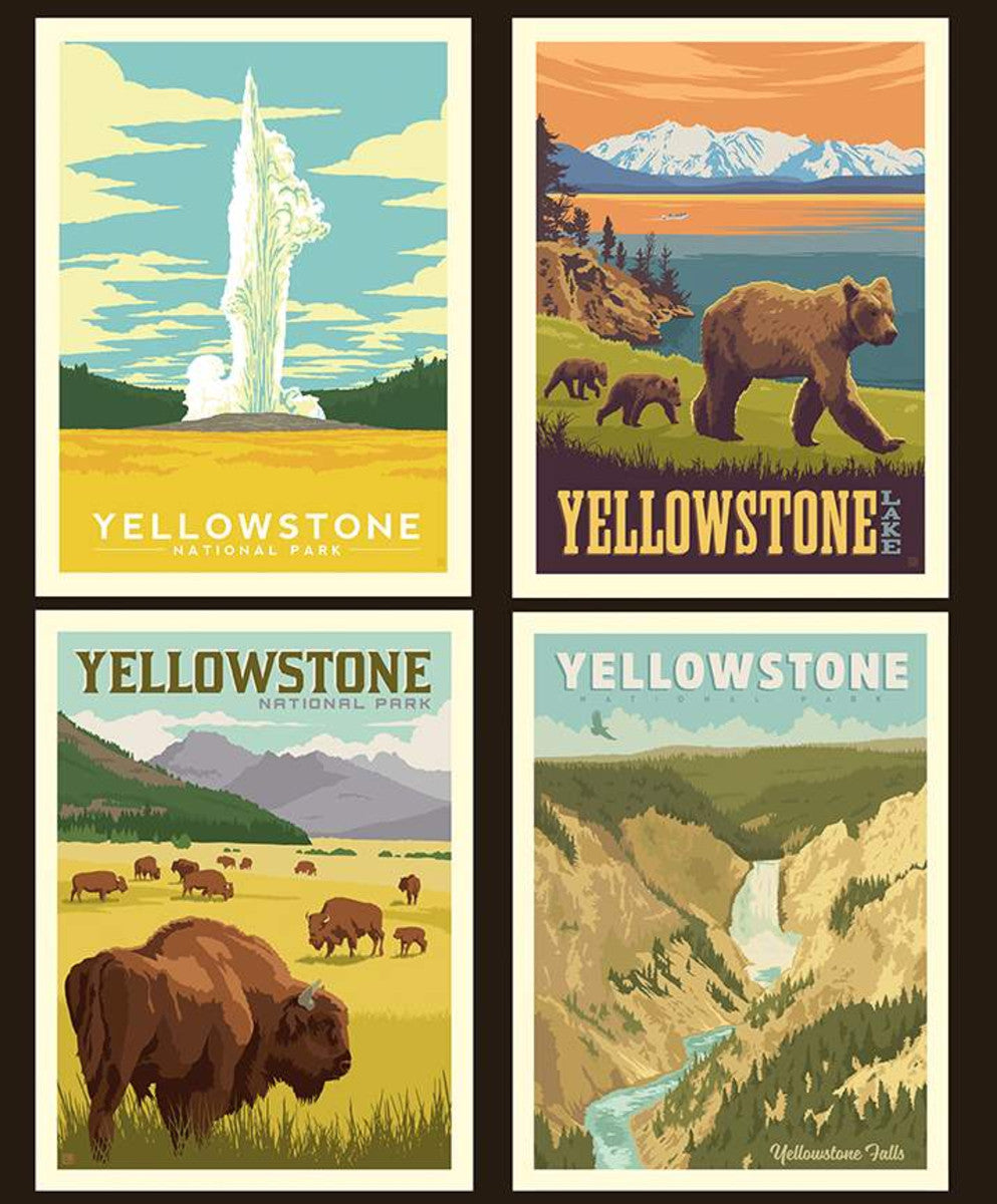 National Parks Yellowstone Nature Bear Bison Pillow Panel 36" Black Anderson Design Riley Blake