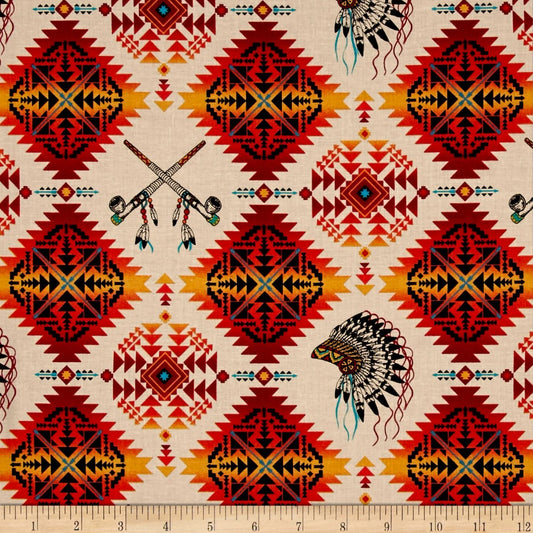 Native Spirit Headdress Pipes Terracotta Elizabeth's Studio Cotton Fabric ES-531 Terracotta