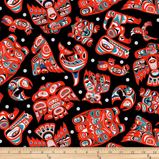Native Spirit American Symbols Black  Elizabeth's Studio Cotton Fabric