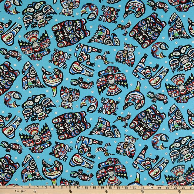 Native Spirit Symbols American Tribal Symbols Turquoise Elizabeth's Studio Cotton Fabric