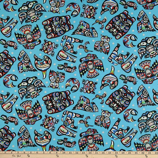 Native Spirit Symbols American Tribal Symbols Turquoise Elizabeth's Studio Cotton Fabric