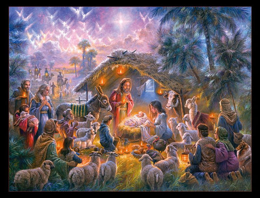 Nativity Scene Christmas Panel 36" Black Abraham Hunter Elizabeth's Studio Cotton Fabric ES-9614E-BLACK