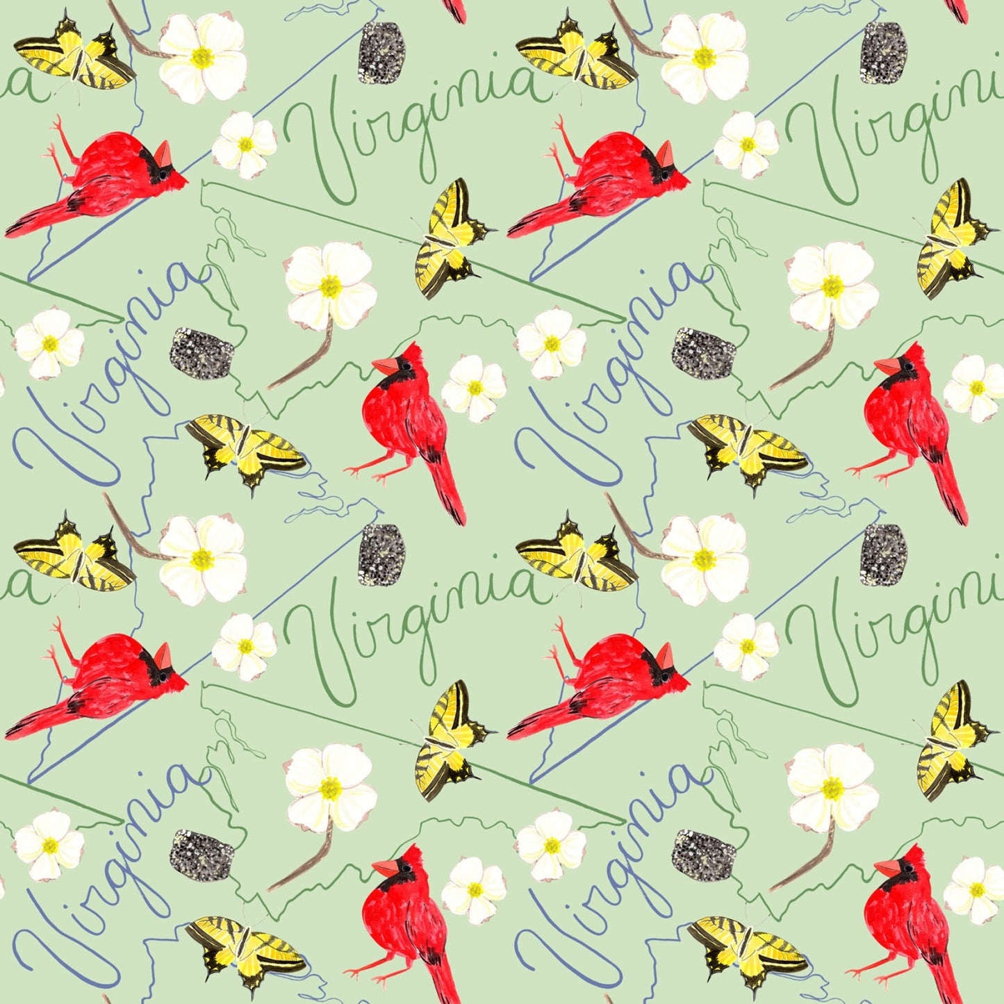 Natural State Virginia Animals Floral Green Jennifer Heynen In The Beginning Cotton Fabric