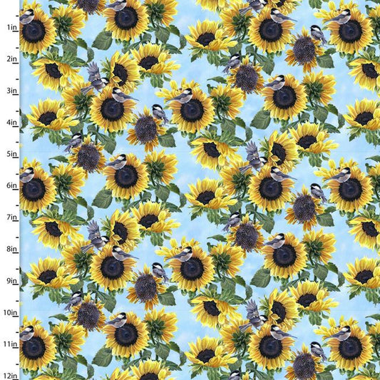 Nature Walk Dinnertime Chickadees Sunflowers Blue Abraham Hunter 3 Wishes Cotton Fabric